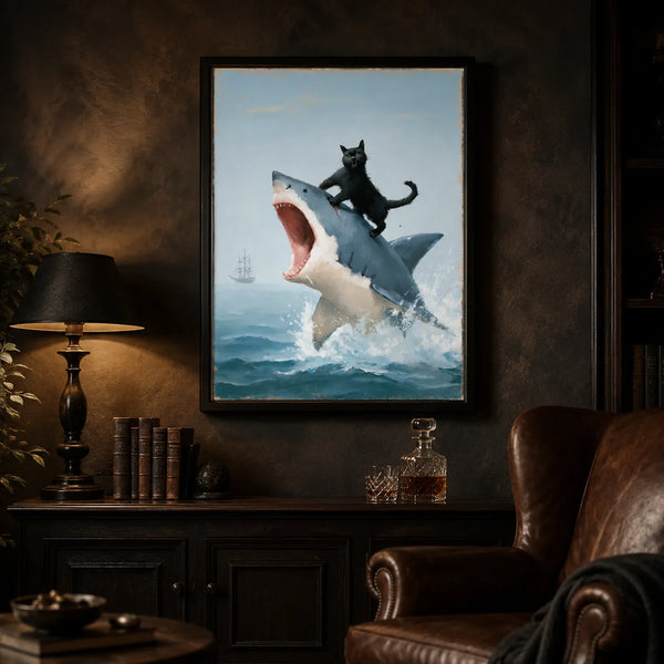 Black Cat Riding Shark Wall Art Decor
