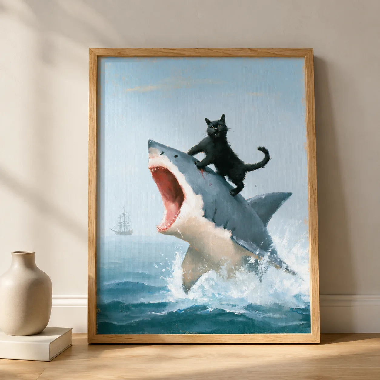Black Cat Riding Shark Wall Art Decor - Wall Art Decor - side view