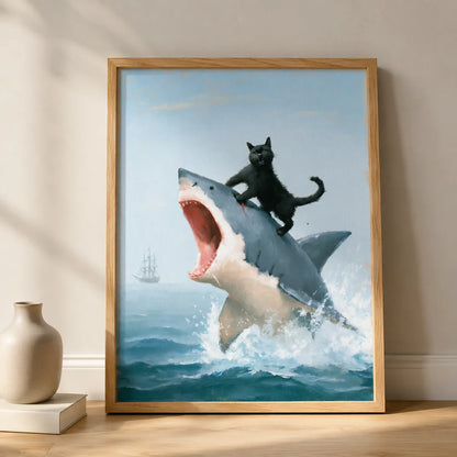 Black Cat Riding Shark Wall Art Decor - Wall Art Decor - side view