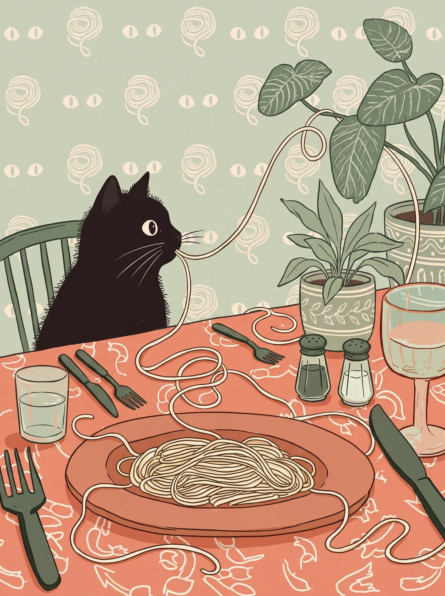 Black Cat Spaghetti Dinner Wall Art Decor - Wall Art Decor - front view