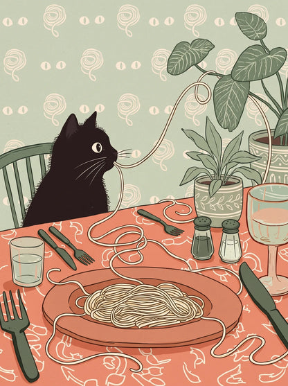 Black Cat Spaghetti Dinner Wall Art Decor - Wall Art Decor - front view