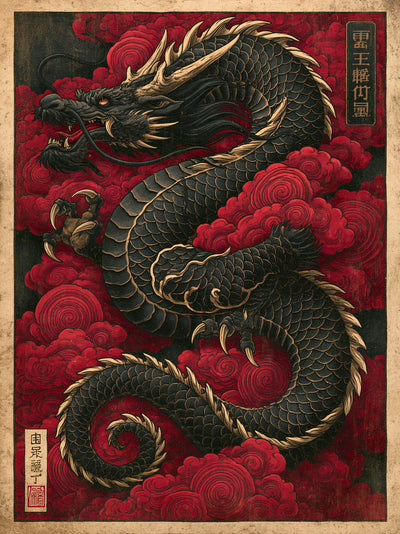 Black Dragon Red Clouds Wall Art Decor