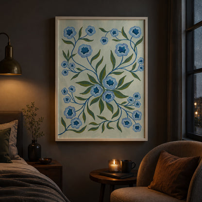Blue Folk Floral Botanical Wall Art Decor – preview 2