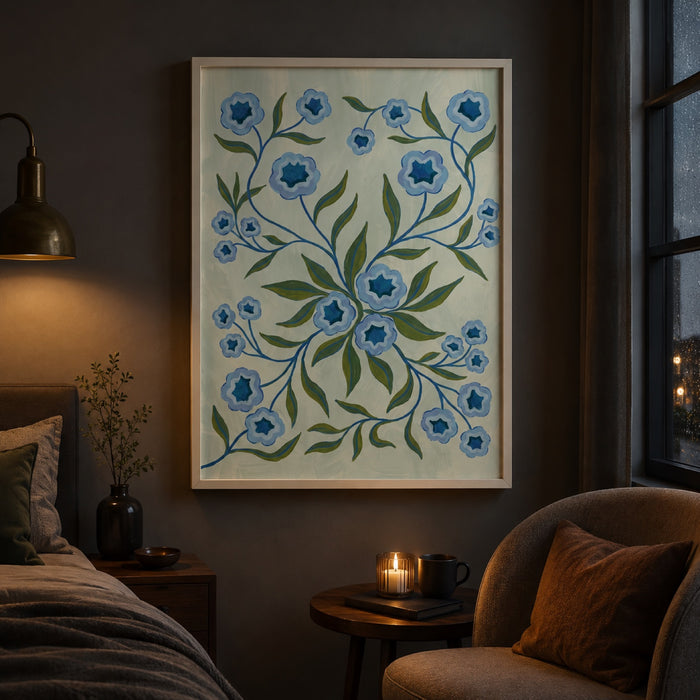 Blue Folk Floral Botanical Wall Art Decor
