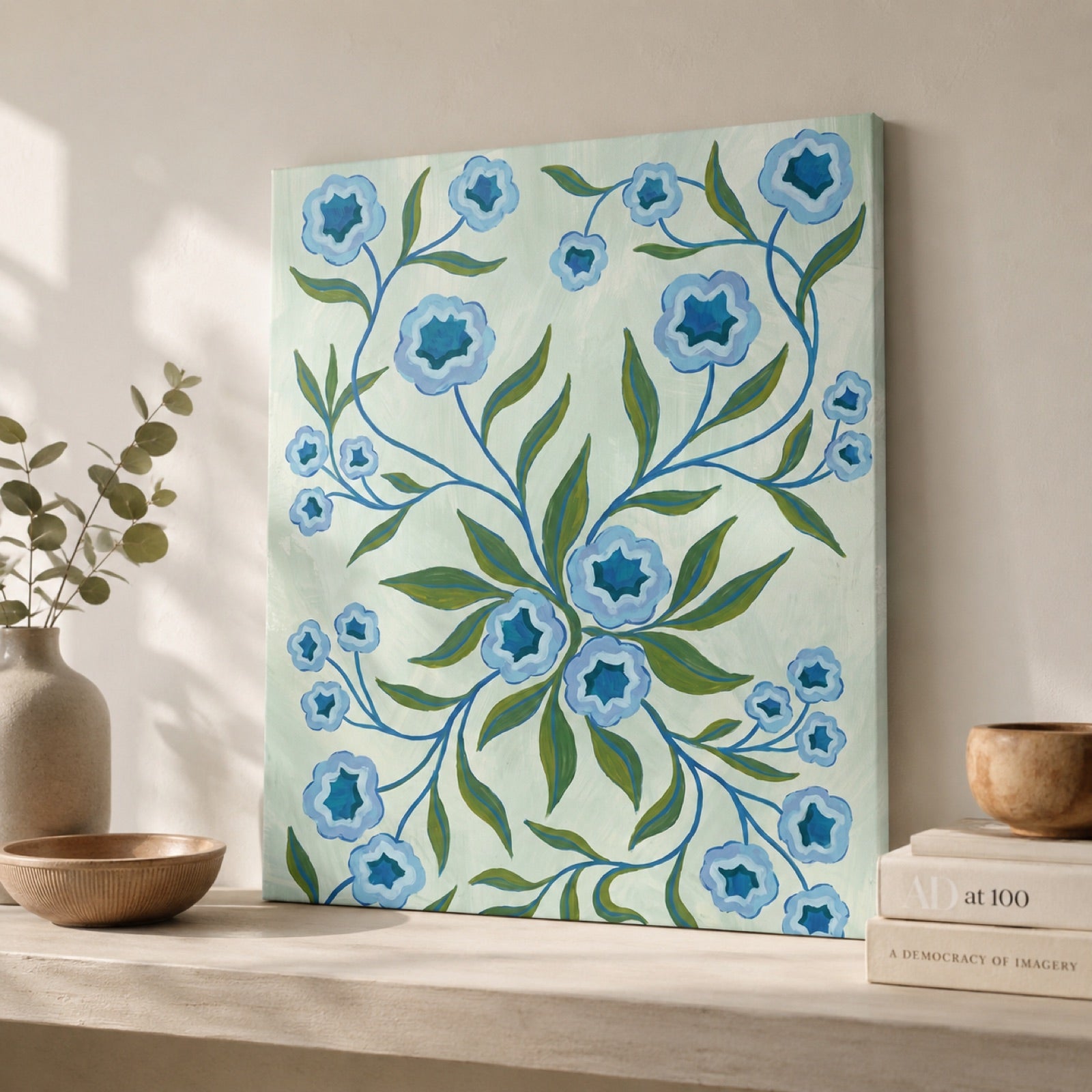 Blue Folk Floral Botanical Wall Art Decor – preview 3