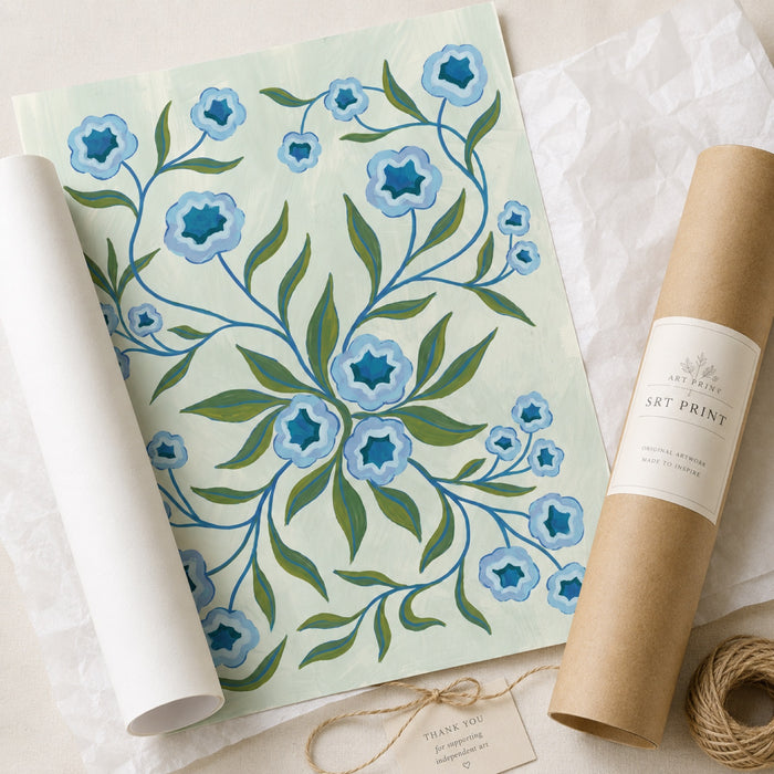 Blue Folk Floral Botanical Wall Art Decor