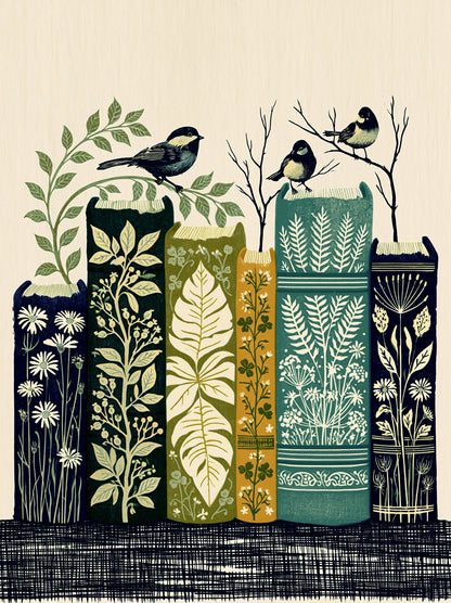 Botanical Books and Songbirds Wall Art Decor - Wall Art Decor - front view