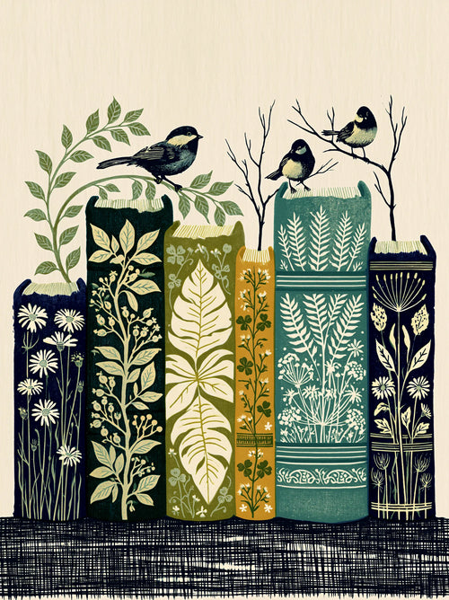 Botanical Books and Songbirds Wall Art Decor