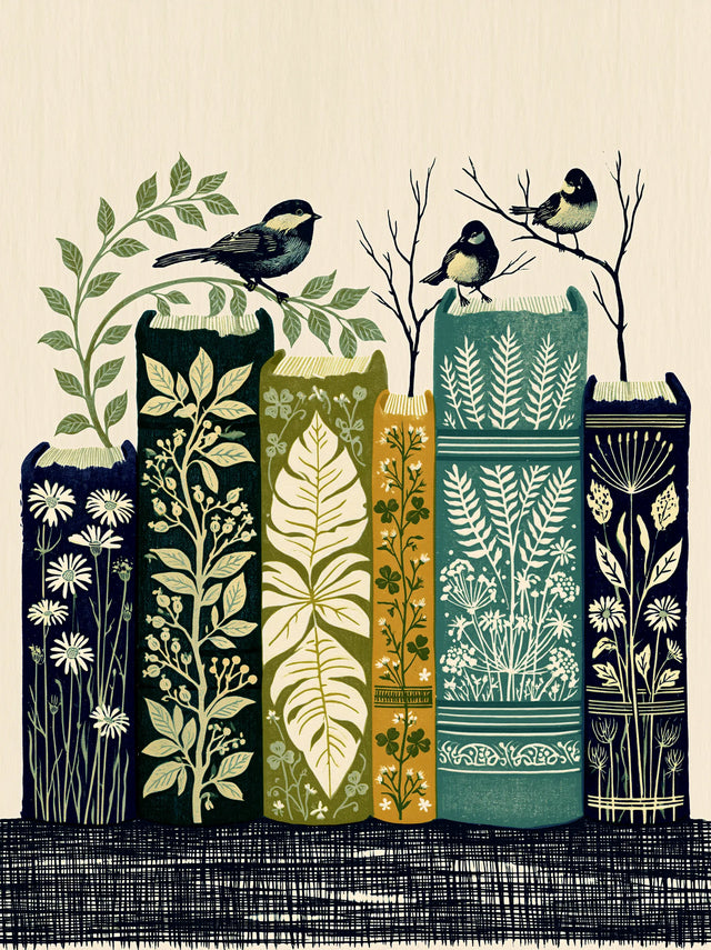 Botanical Books and Songbirds Wall Art Decor