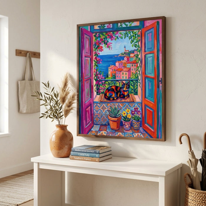 Calico Cat at the Riviera Window Wall Art Decor
