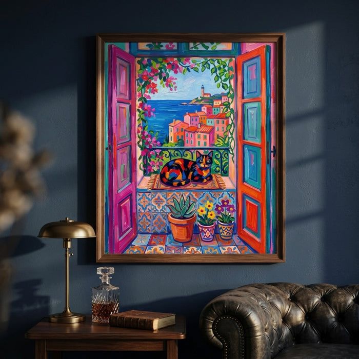 Calico Cat at the Riviera Window Wall Art Decor