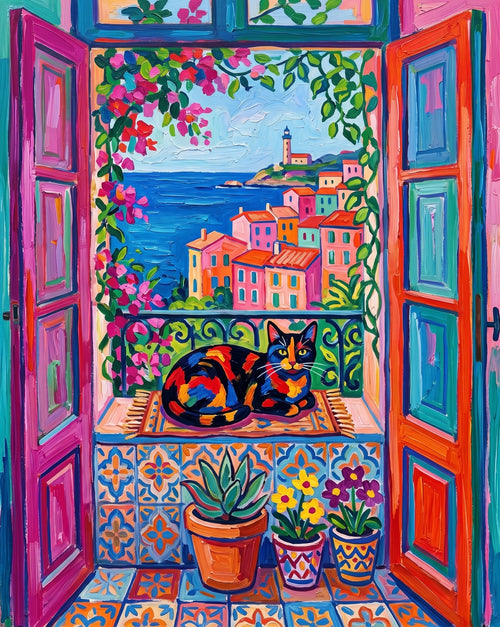 Calico Cat at the Riviera Window Wall Art Decor