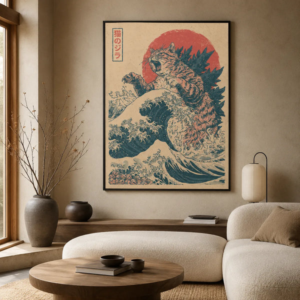 Cat Kaiju Great Wave Wall Art Decor