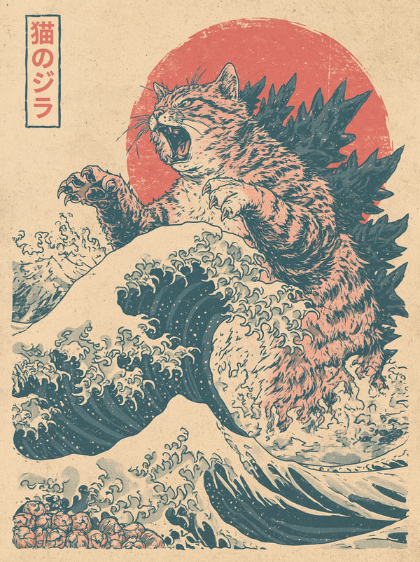 Cat Kaiju Great Wave Wall Art Decor