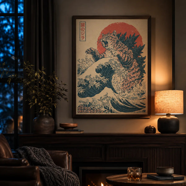 Cat Kaiju Great Wave Wall Art Decor
