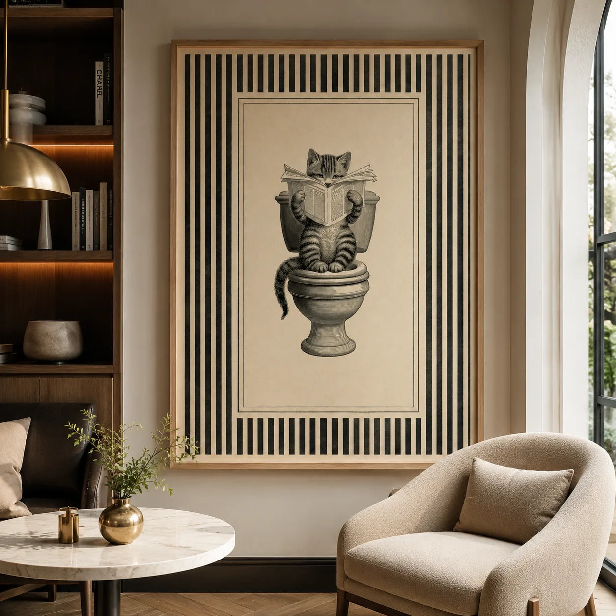Cat Reading on Toilet Wall Art Decor - Wall Art Decor - close up
