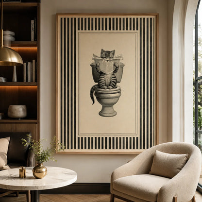 Cat Reading on Toilet Wall Art Decor - Wall Art Decor - close up