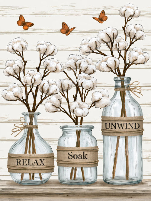 Cotton Bottles Relax Soak Unwind Wall Art Decor