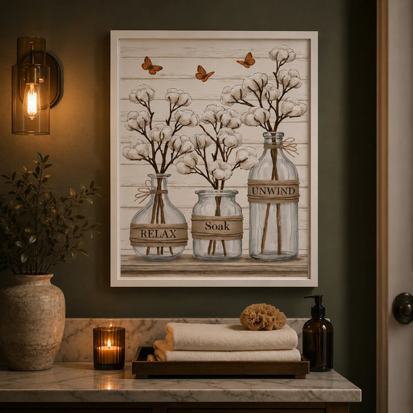Cotton Bottles Relax Soak Unwind Wall Art Decor