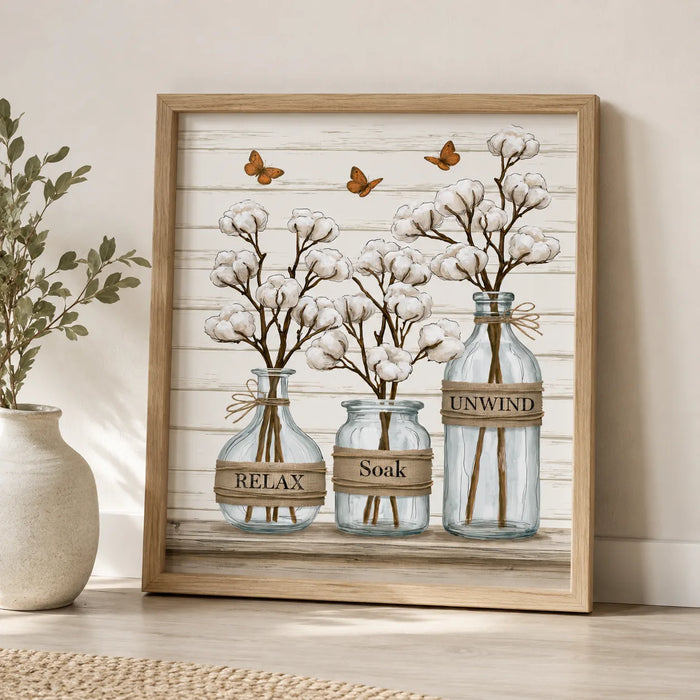 Cotton Bottles Relax Soak Unwind Wall Art Decor