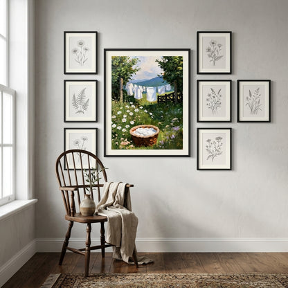 A framed art print depicting a vintage laundry scene in a green garden, styled in a gallery wall arrangement on a light gray wall above a wooden chair.