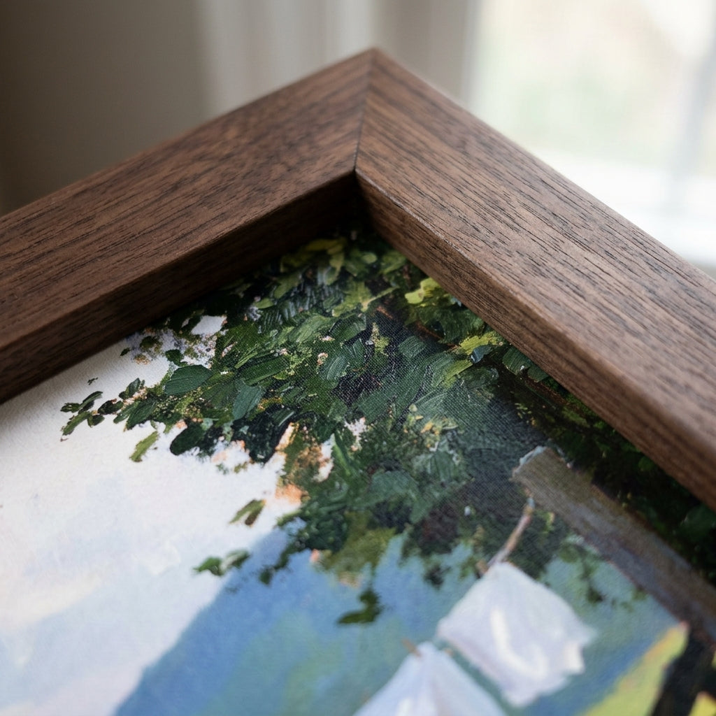 Close-up of a dark brown wooden picture frame corner holding an impressionistic landscape painting with green foliage, blue water, and white highlights.