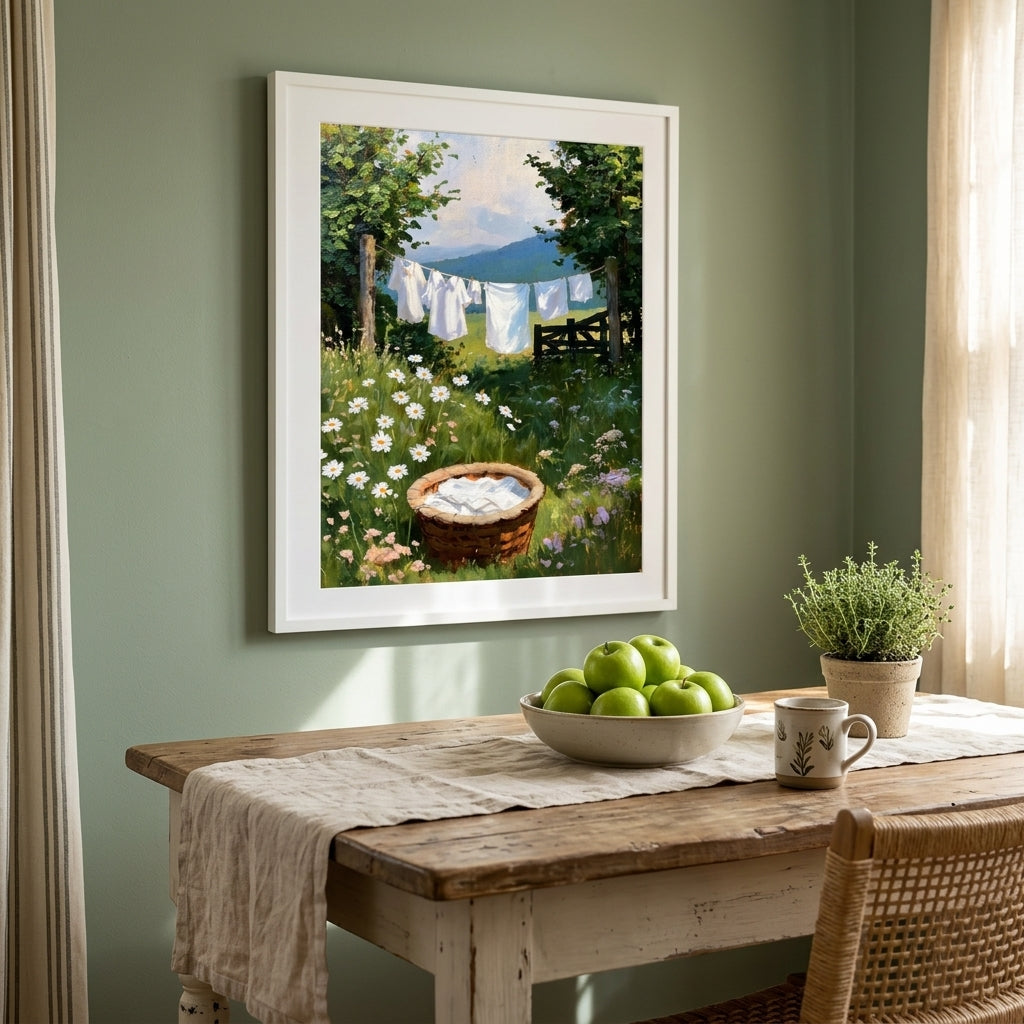 A framed art print depicting a sunny countryside laundry scene with white garments hanging on a line, displayed on a sage green wall above a rustic wooden dining table with a bowl of green apples and a small potted plant.