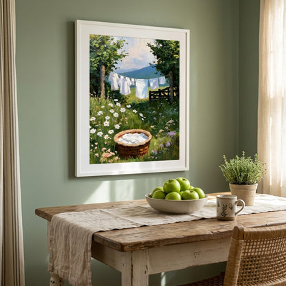A framed art print depicting a sunny countryside laundry scene with white garments hanging on a line, displayed on a sage green wall above a rustic wooden dining table with a bowl of green apples and a small potted plant.