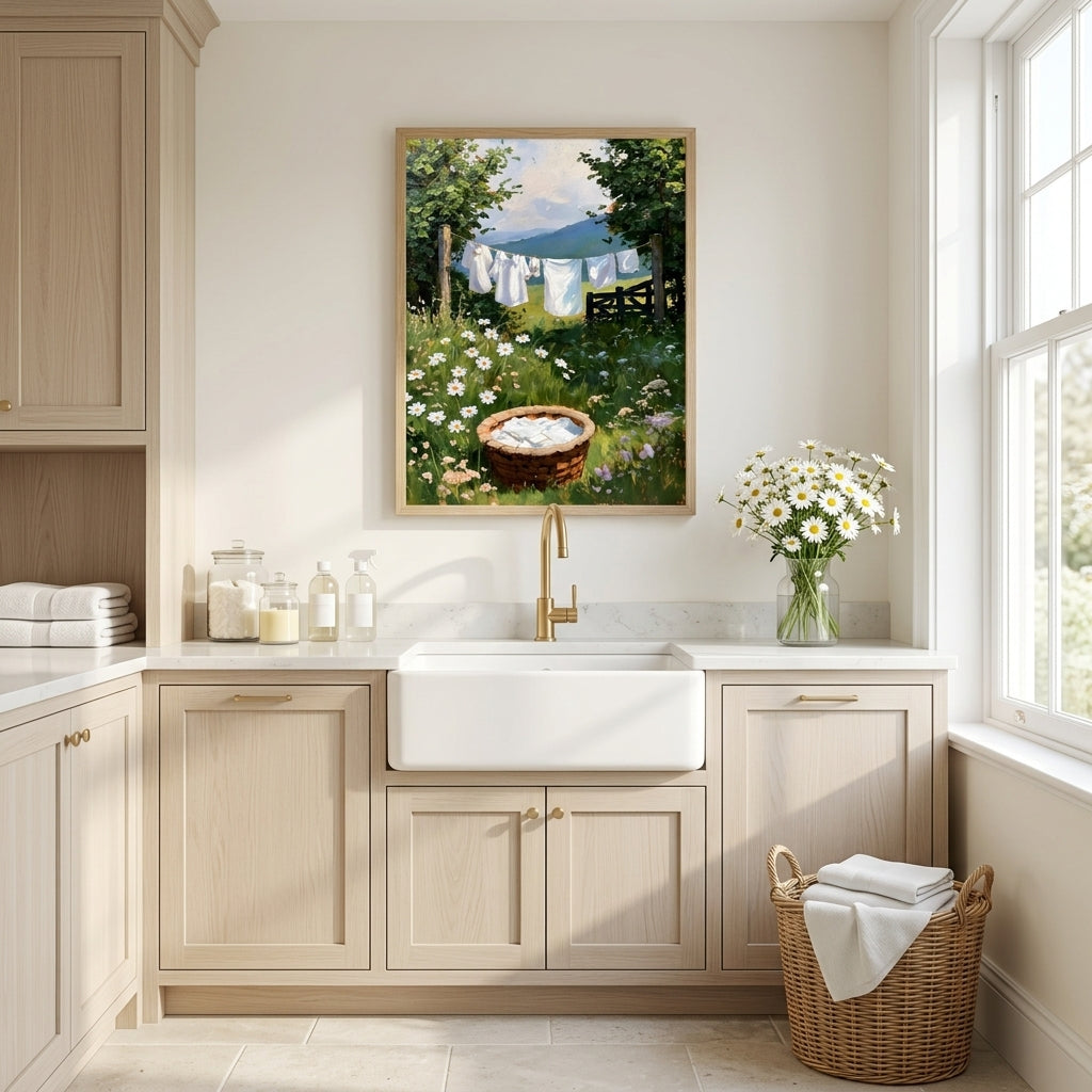 A framed landscape painting of a laundry scene hangs above a white farmhouse sink in a bright, modern laundry room with light wood cabinets, a gold faucet, and a wicker basket on the floor.