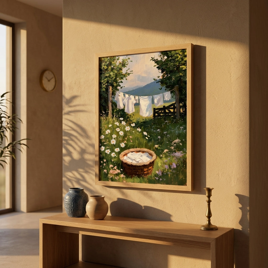 A framed landscape art print depicting a sunny garden scene with laundry hanging on a line, a basket of white linens, and mountains in the background, displayed on a beige wall above a wooden console table.