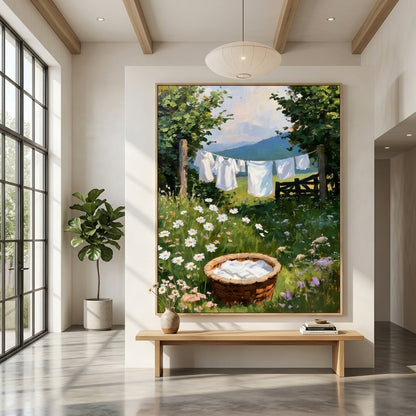 A large framed landscape painting of a sunny garden laundry scene hangs on a white wall in a modern, sunlit room with a wooden bench, vase, and large window.
