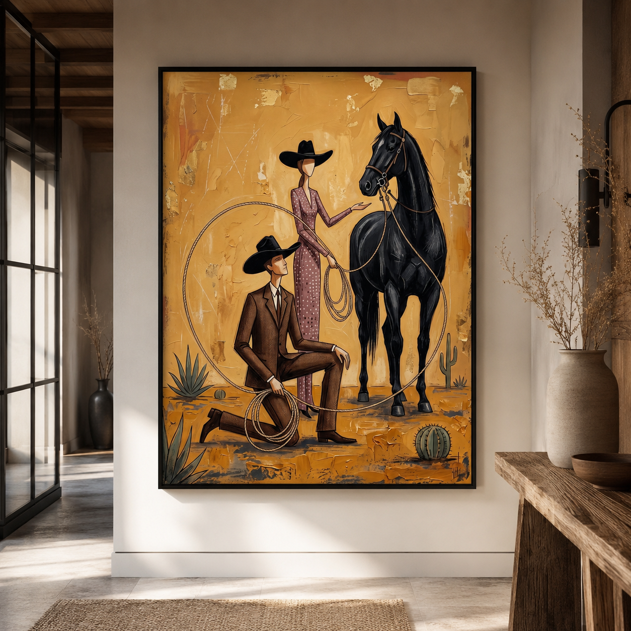 Cowboy Cowgirl and Black Horse Folk Wall Art Decor – preview 10