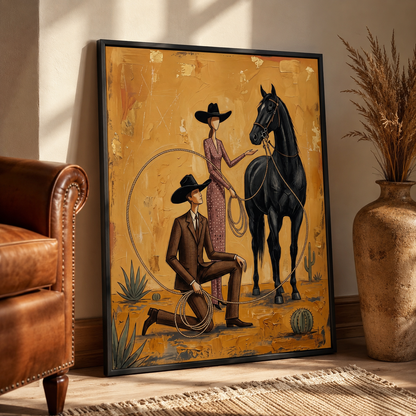 Cowboy Cowgirl and Black Horse Folk Wall Art Decor – preview 2