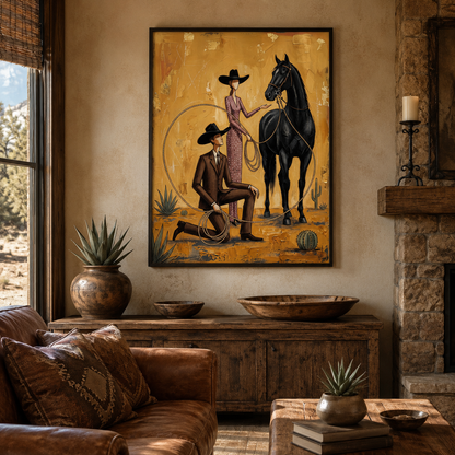 Cowboy Cowgirl and Black Horse Folk Wall Art Decor – preview 3