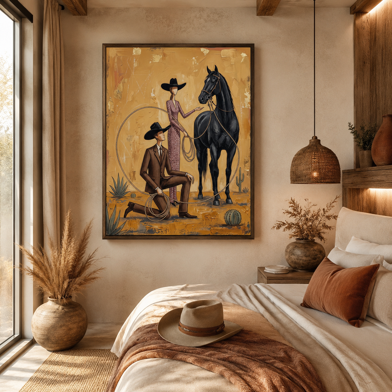 Cowboy Cowgirl and Black Horse Folk Wall Art Decor – preview 4