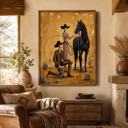 Cowboy Cowgirl and Black Horse Folk Wall Art Decor – preview 5