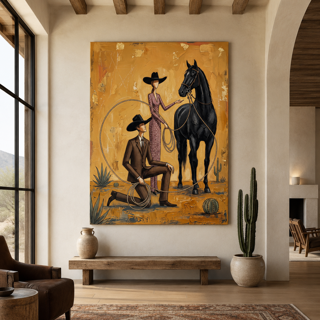 Cowboy Cowgirl and Black Horse Folk Wall Art Decor – preview 6