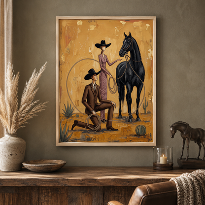 Cowboy Cowgirl and Black Horse Folk Wall Art Decor – preview 7