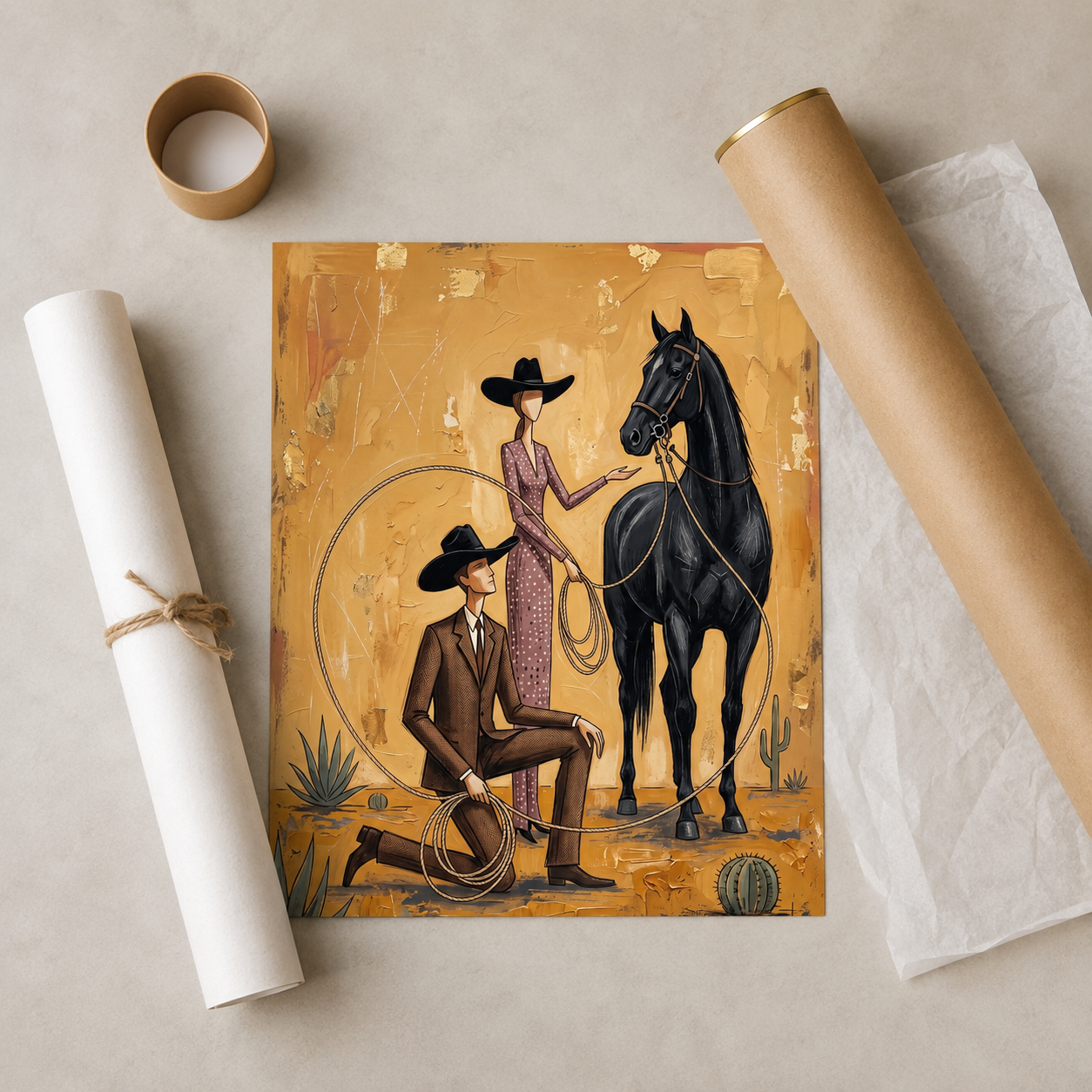 Cowboy Cowgirl and Black Horse Folk Wall Art Decor – preview 9