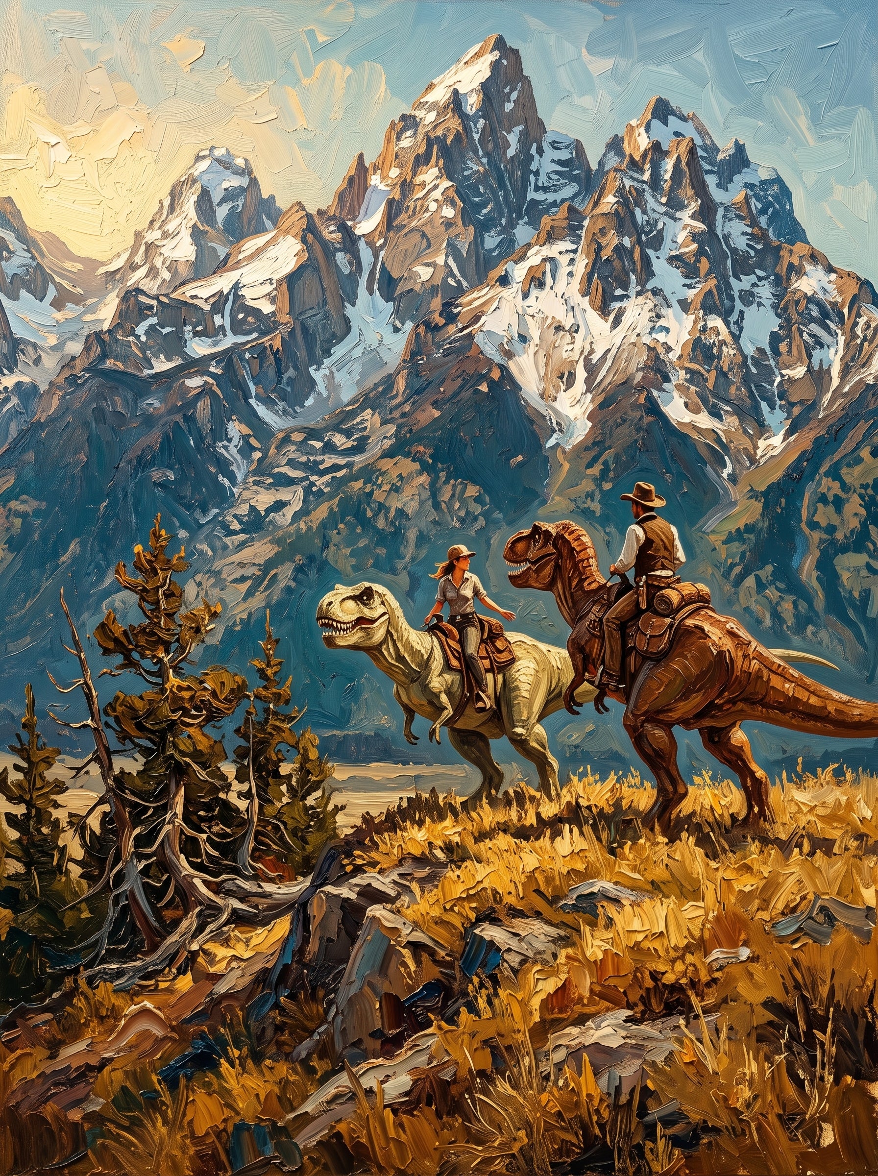 Cowboys Riding Dinosaurs Mountain Wall Art Decor