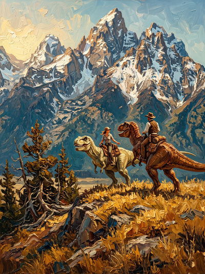 Cowboys Riding Dinosaurs Mountain Wall Art Decor