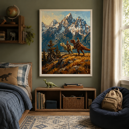 Cowboys Riding Dinosaurs Mountain Wall Art Decor – preview 10