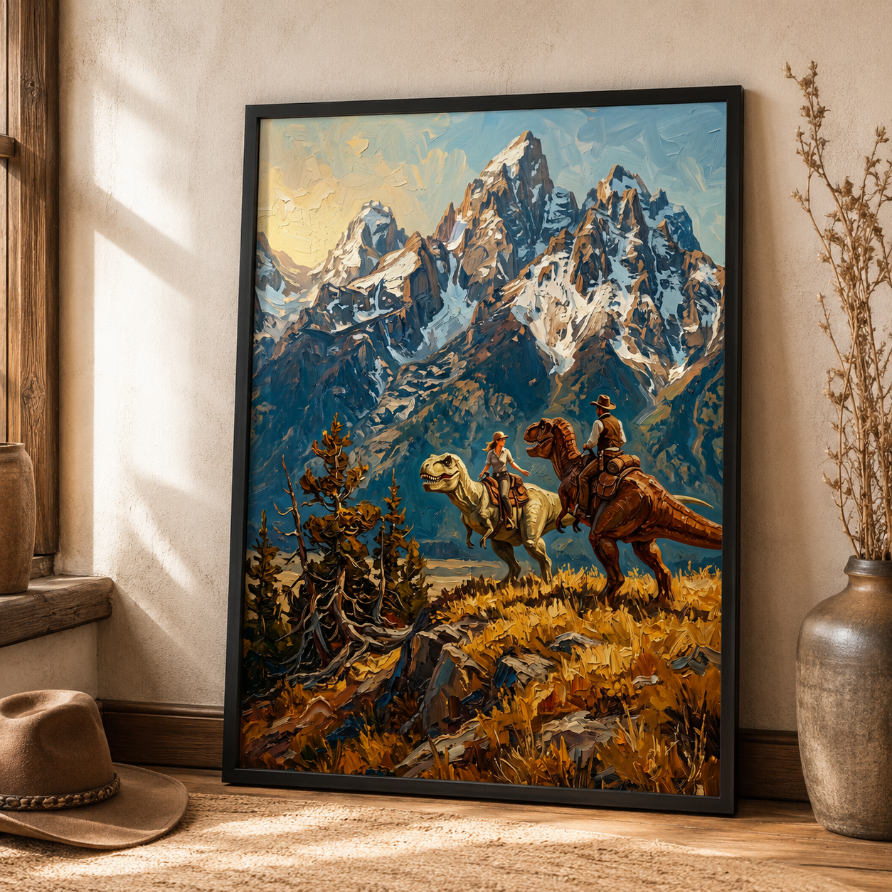 Cowboys Riding Dinosaurs Mountain Wall Art Decor – preview 2