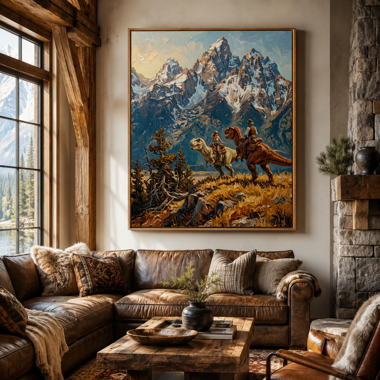 Cowboys Riding Dinosaurs Mountain Wall Art Decor – preview 3