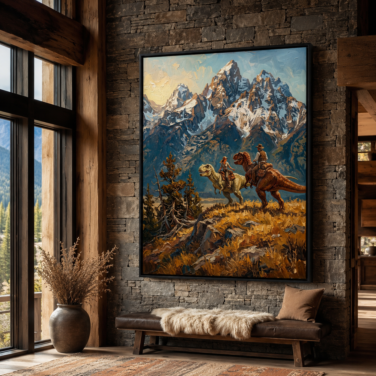 Cowboys Riding Dinosaurs Mountain Wall Art Decor – preview 4