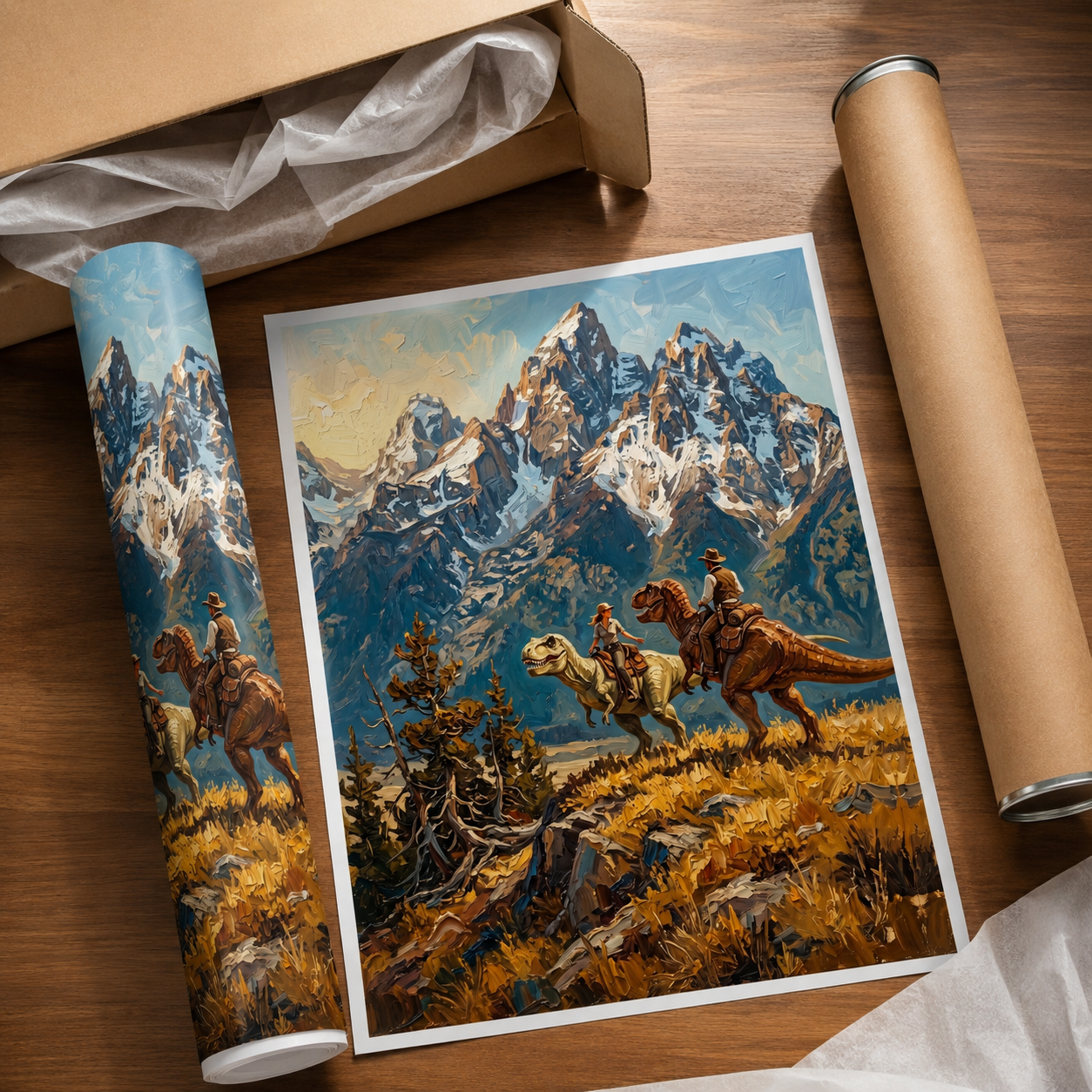 Cowboys Riding Dinosaurs Mountain Wall Art Decor – preview 5
