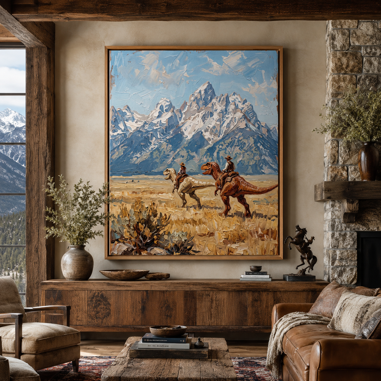 Cowboys Riding Dinosaurs Surreal Western Wall Art Decor – preview 3