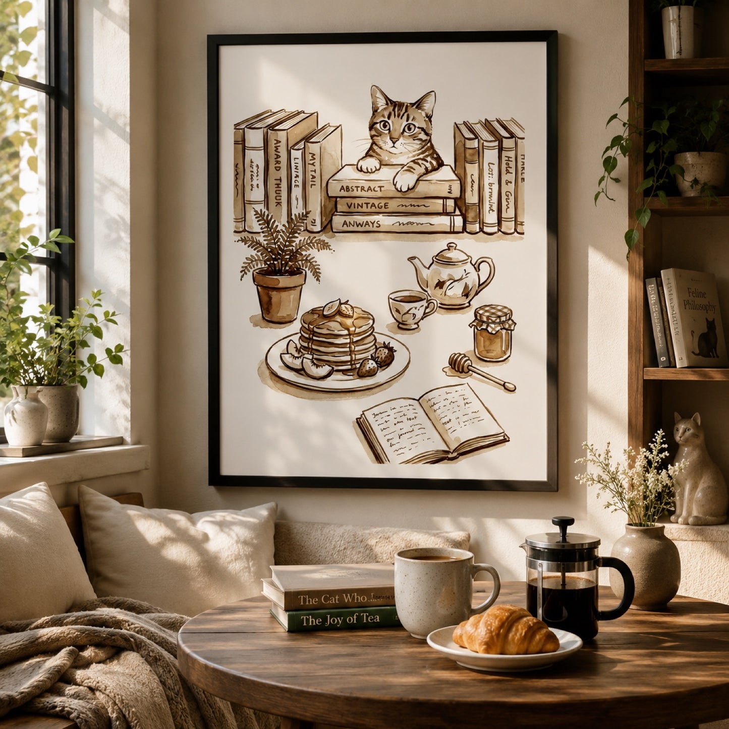 Cozy Cat and Books Sepia Reading Nook Wall Art Decor – preview 10