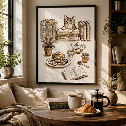 Cozy Cat and Books Sepia Reading Nook Wall Art Decor – preview 10