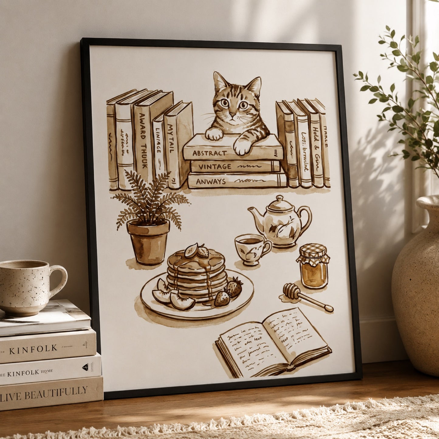 Cozy Cat and Books Sepia Reading Nook Wall Art Decor – preview 11